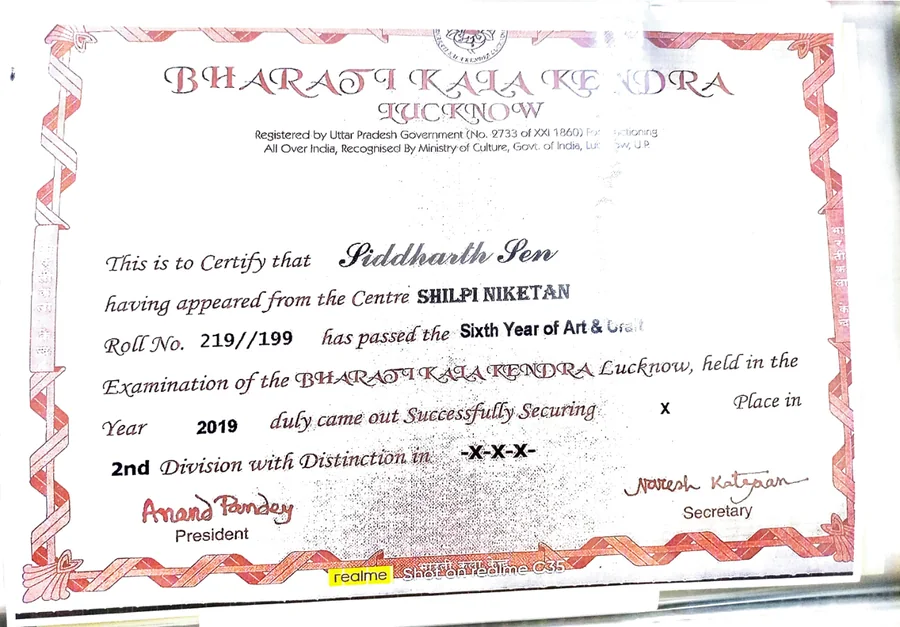 Certificate: passed the Sixth Year Art & Craft examination in 2019, securing 2nd Division.