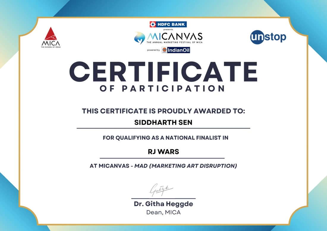 Certificate for qualifying as a national finalist in RJ Wars at Micanvas, signed by the Dean of MICA.