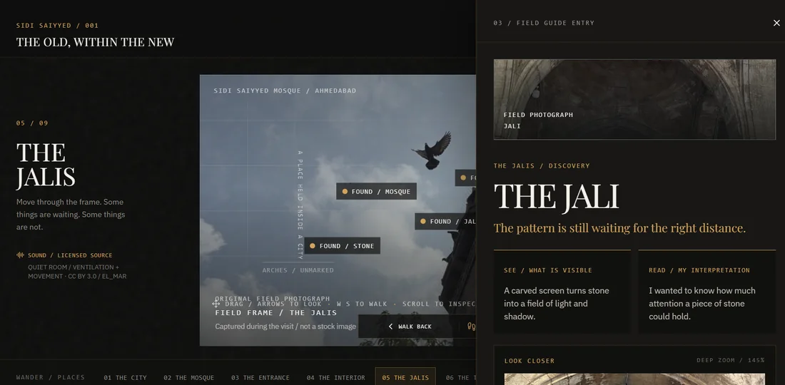 A Field Guide entry for the jali, with “what is visible” kept apart from “my interpretation”.
