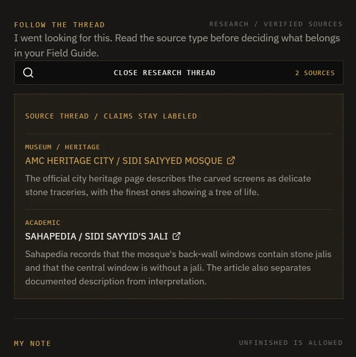 The research thread, listing sources by type: AMC Heritage City and Sahapedia.