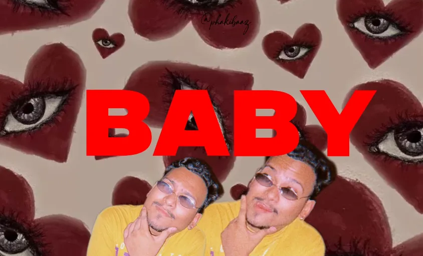 “BABY” in red block capitals over a pattern of dark red hearts with eyes in them, with two cut-out copies of me posing chin-on-hand.