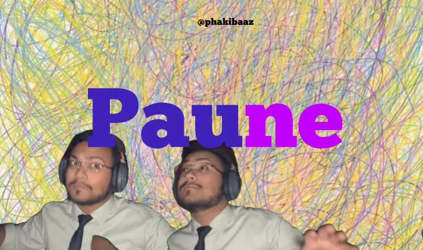 The word “Paune” in heavy slab-serif letters, split into two shades of purple, above two cut-out copies of me in headphones and a shirt and tie, on a scribbled, crayon-style background.